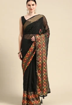 Embroidered Chiffon Saree in Black