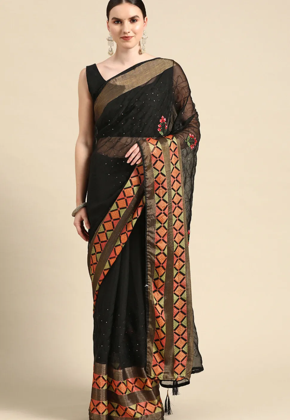 Embroidered Chiffon Saree in Black