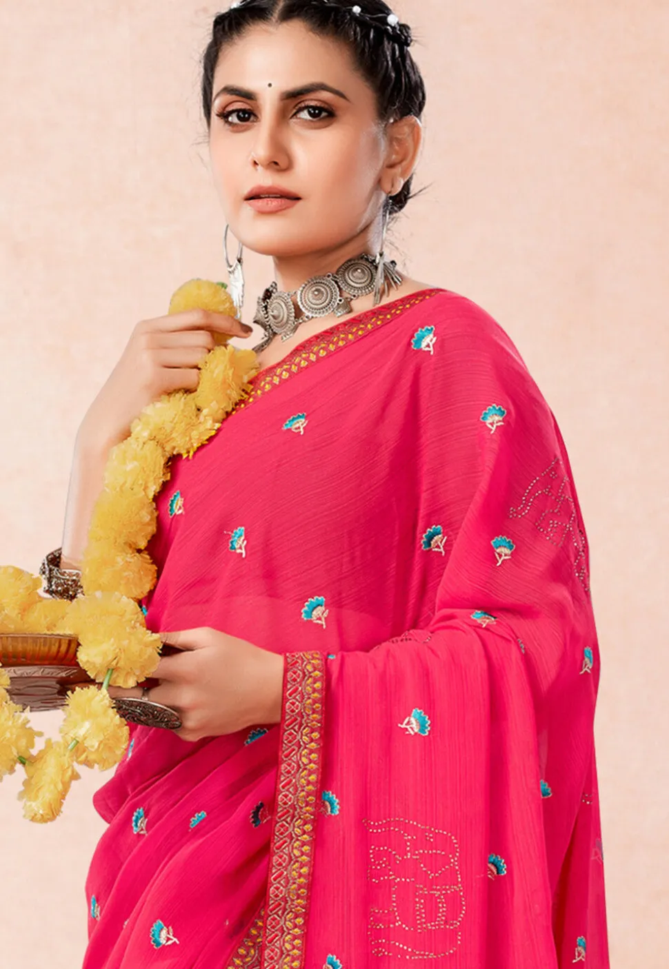 Embroidered Chiffon Saree in Pink
