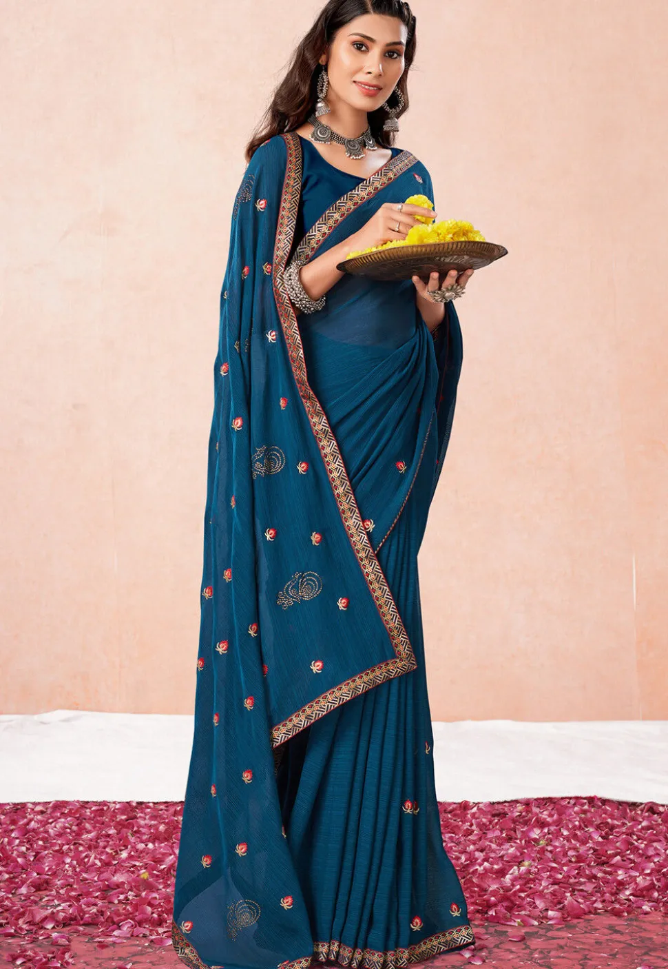Embroidered Chiffon Saree in Blue