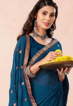 Embroidered Chiffon Saree in Blue