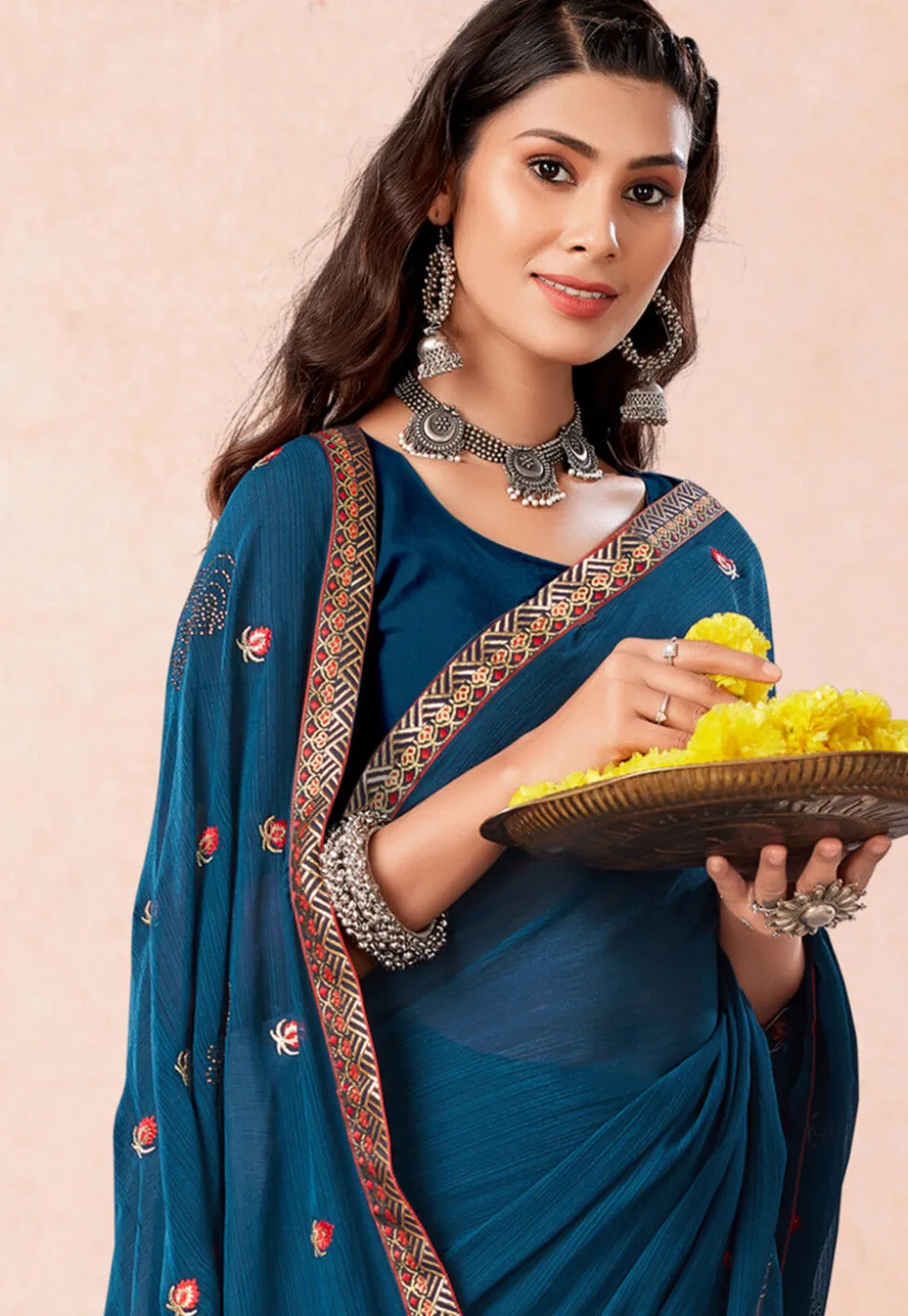 Embroidered Chiffon Saree in Blue