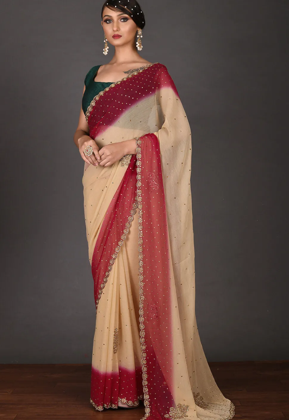Embroidered Chiffon Saree in Beige