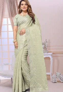 Embroidered Chiffon Saree in Dusty Green