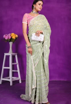 Embroidered Chiffon Saree in Dusty Green