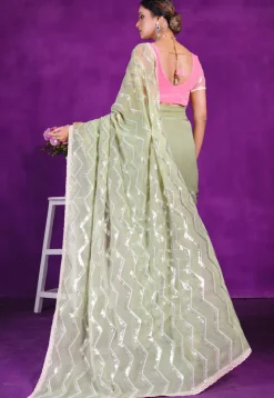 Embroidered Chiffon Saree in Dusty Green