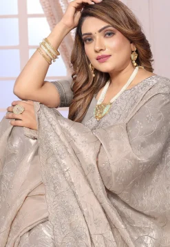 Embroidered Chiffon Saree in Grey