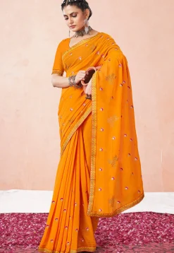 Embroidered Chiffon Saree in Mustard
