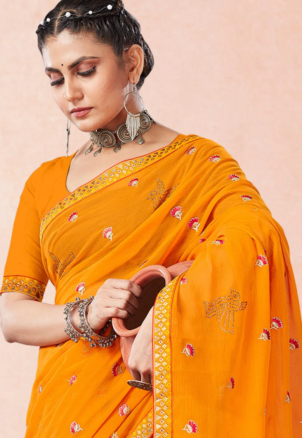 Embroidered Chiffon Saree in Mustard