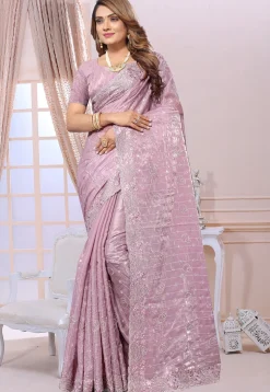 Embroidered Chiffon Saree in Light Purple