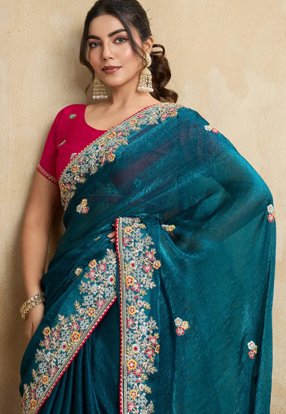 Embroidered Chiffon Saree in Teal Blue