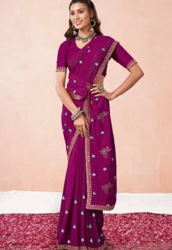 Embroidered Chiffon Saree in Purple