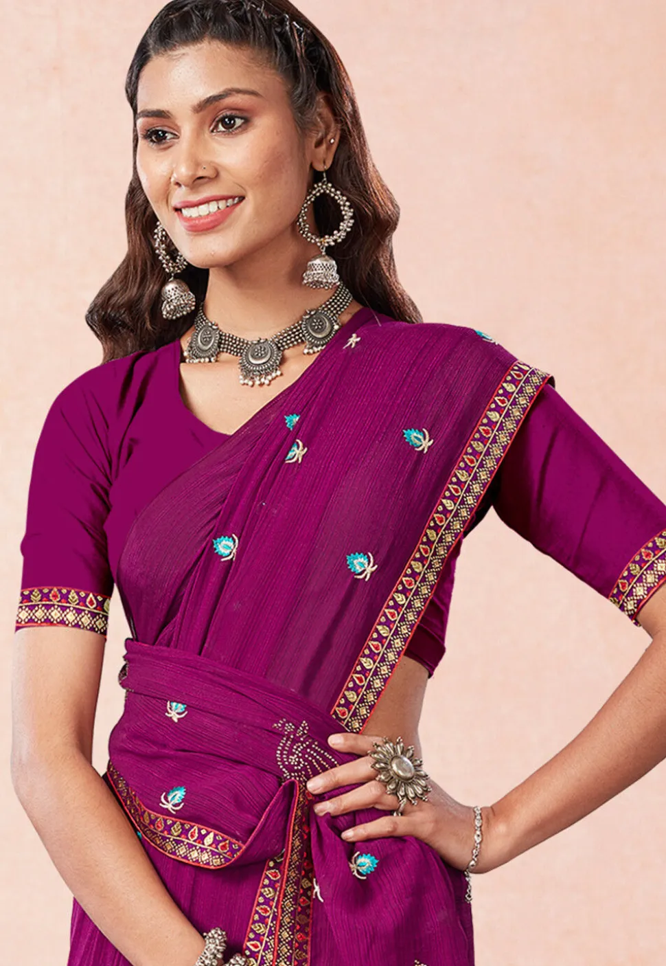 Embroidered Chiffon Saree in Purple
