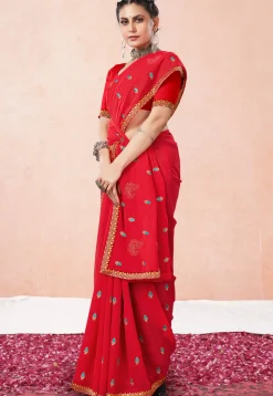 Embroidered Chiffon Saree in Red