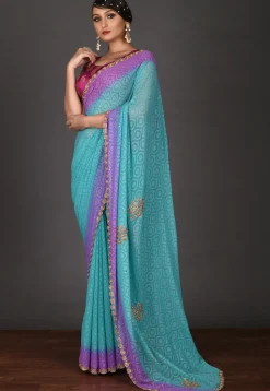Embroidered Chiffon Saree in Turquoise