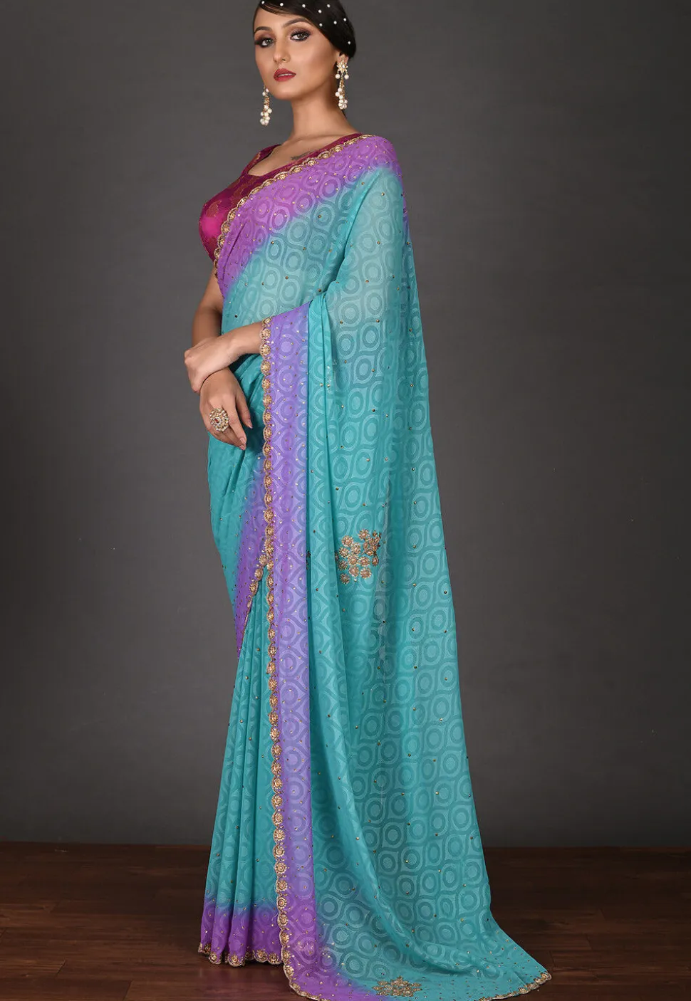 Embroidered Chiffon Saree in Turquoise