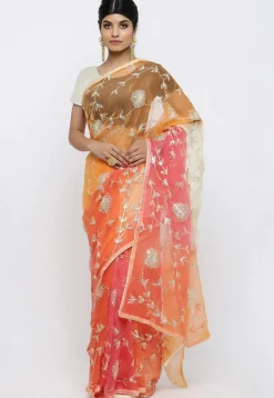 Embroidered Chiffon Saree in Shaded Orange and Peach