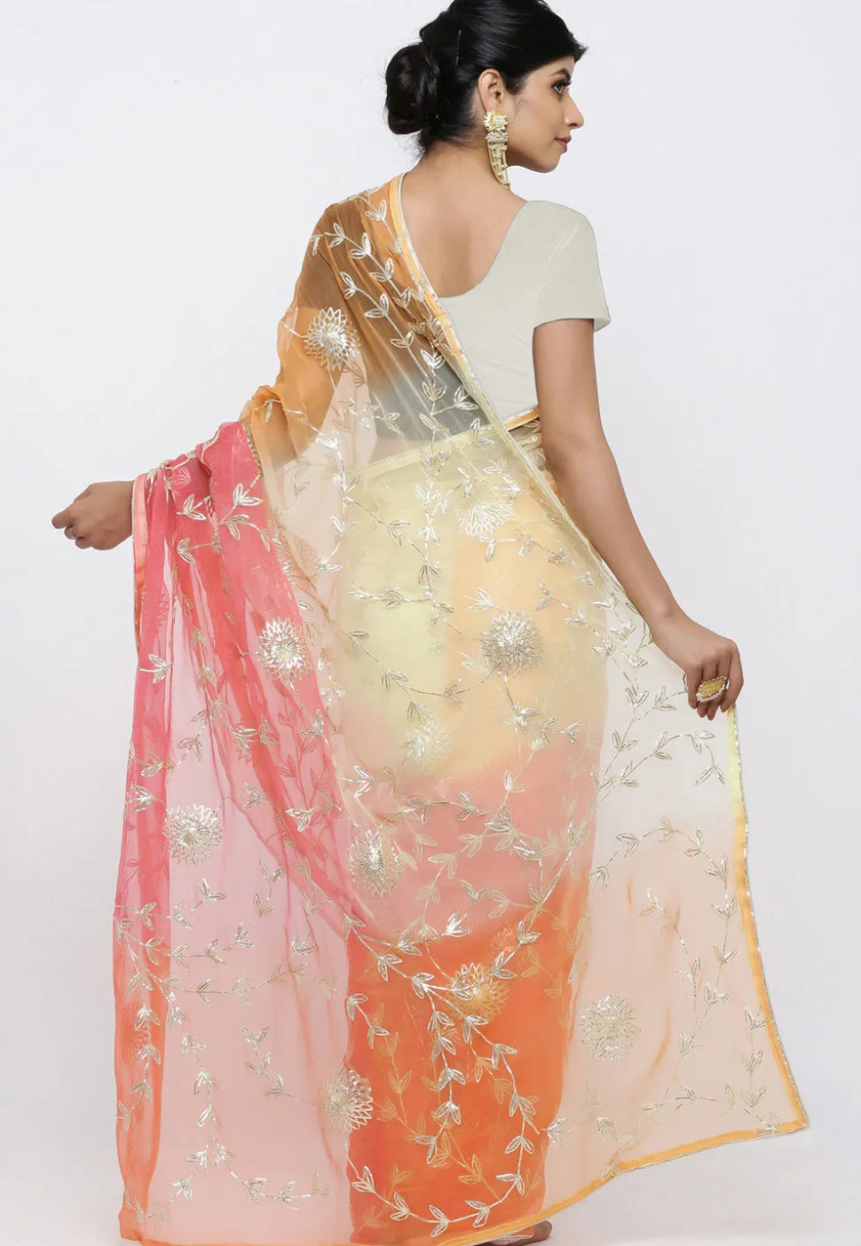 Embroidered Chiffon Saree in Shaded Orange and Peach