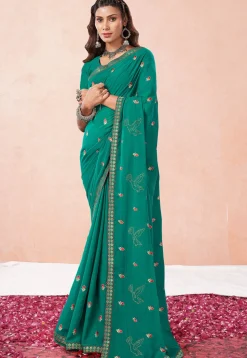 Embroidered Chiffon Saree in Teal Green