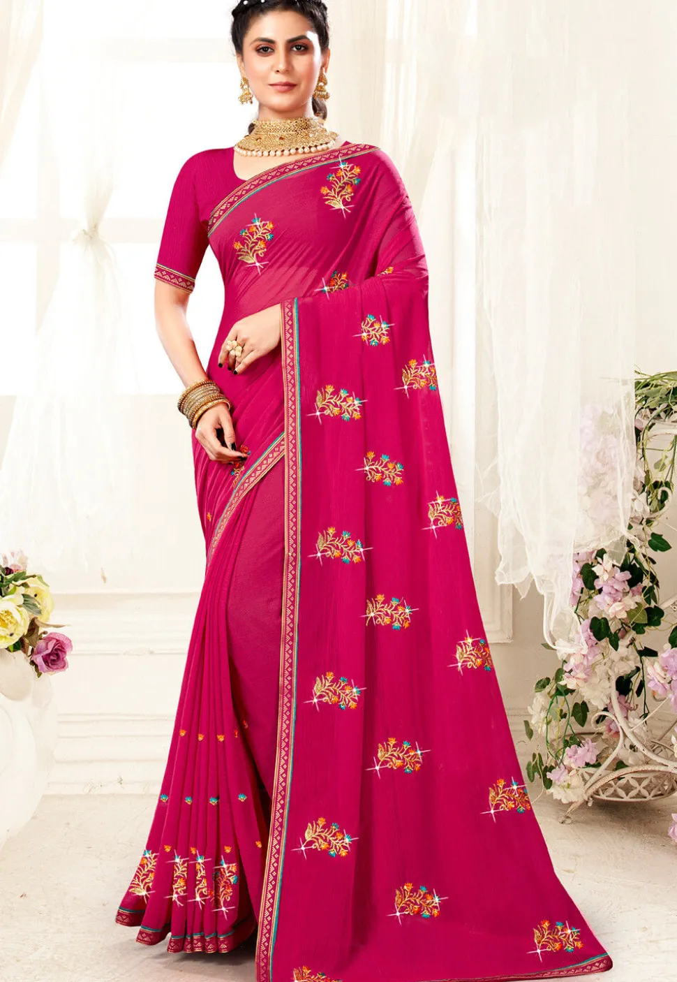 Embroidered Chiffon Saree in Magenta