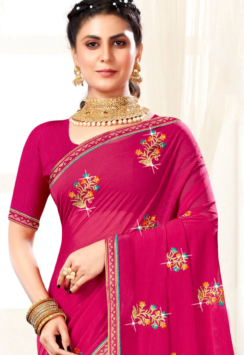 Embroidered Chiffon Saree in Magenta