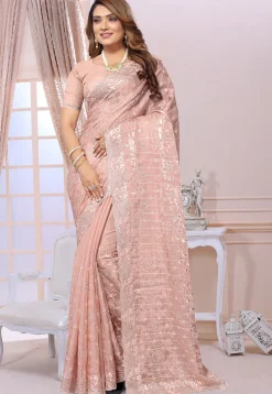 Embroidered Chiffon Saree in Peach