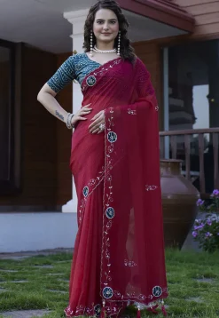 Embroidered Chiffon Scalloped Saree in Maroon