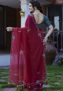 Embroidered Chiffon Scalloped Saree in Maroon