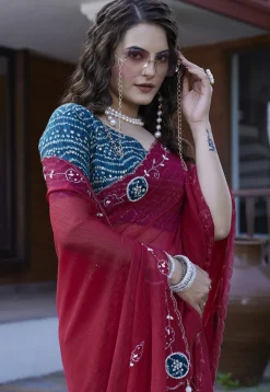 Embroidered Chiffon Scalloped Saree in Maroon