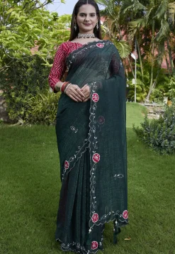 Embroidered Chiffon Scalloped Saree in Dark Green