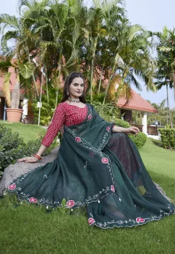 Embroidered Chiffon Scalloped Saree in Dark Green