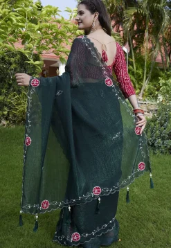 Embroidered Chiffon Scalloped Saree in Dark Green