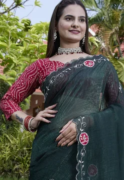 Embroidered Chiffon Scalloped Saree in Dark Green