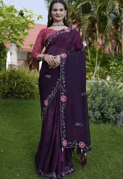 Embroidered Chiffon Scalloped Saree in Purple