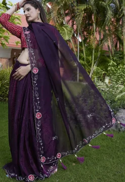 Embroidered Chiffon Scalloped Saree in Purple