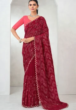 Embroidered Chiffon Scalloped Saree in Maroon
