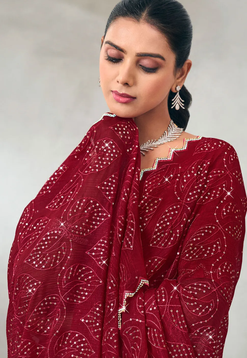 Embroidered Chiffon Scalloped Saree in Maroon