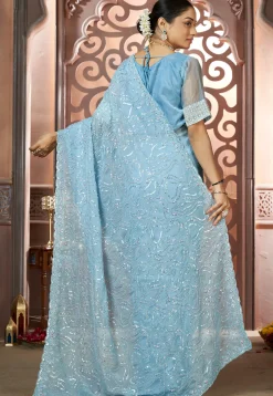 Embroidered Chiffon Scalloped Saree in Blue