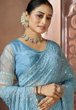 Embroidered Chiffon Scalloped Saree in Blue