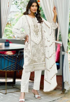 Embroidered Chiffon Scalloped Pakistani Suit in Off White