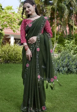 Embroidered Chiffon Scalloped Saree in Olive Green