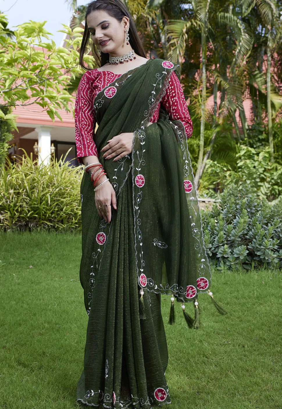 Embroidered Chiffon Scalloped Saree in Olive Green