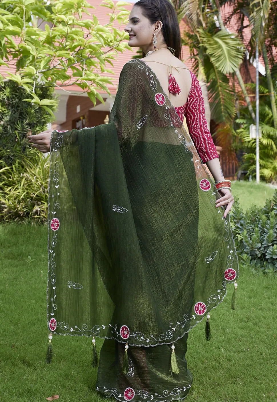 Embroidered Chiffon Scalloped Saree in Olive Green