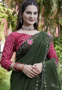 Embroidered Chiffon Scalloped Saree in Olive Green