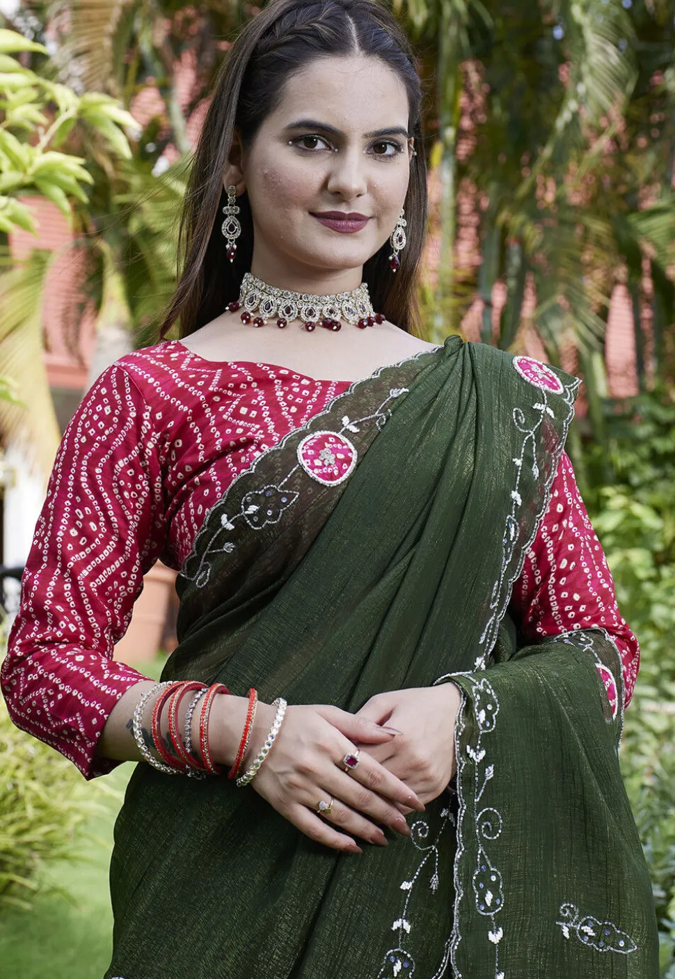 Embroidered Chiffon Scalloped Saree in Olive Green