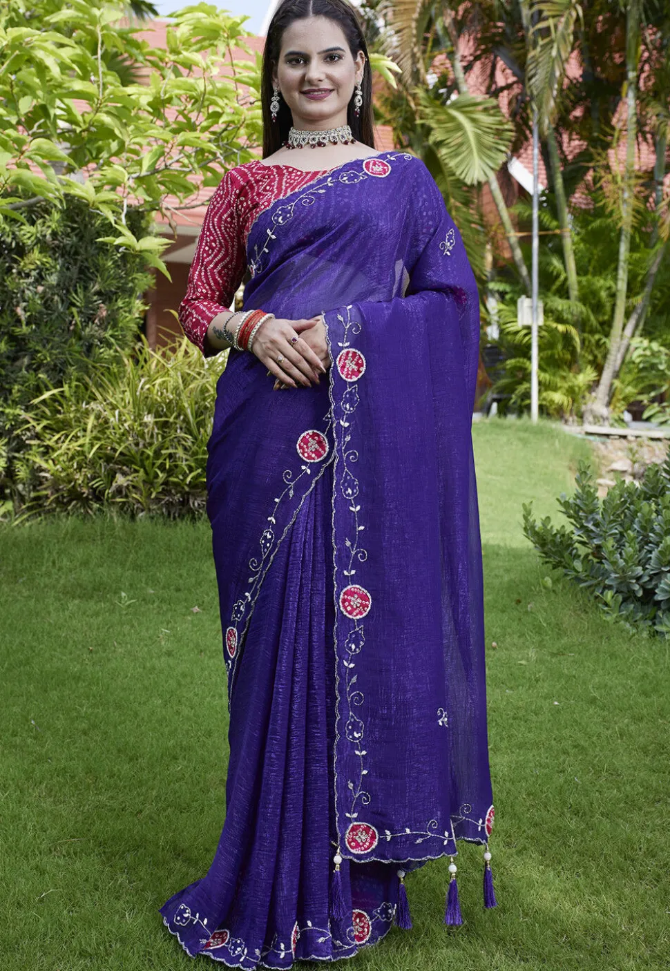 Embroidered Chiffon Scalloped Saree in Purple