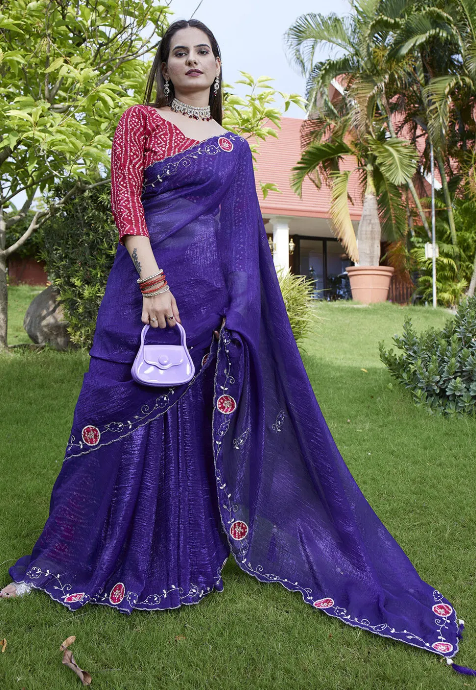 Embroidered Chiffon Scalloped Saree in Purple