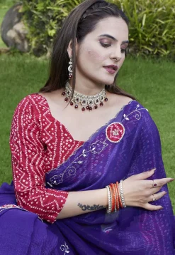 Embroidered Chiffon Scalloped Saree in Purple