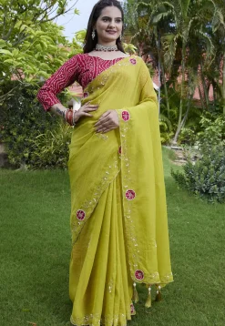 Embroidered Chiffon Scalloped Saree in Light Green