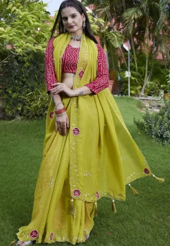 Embroidered Chiffon Scalloped Saree in Light Green